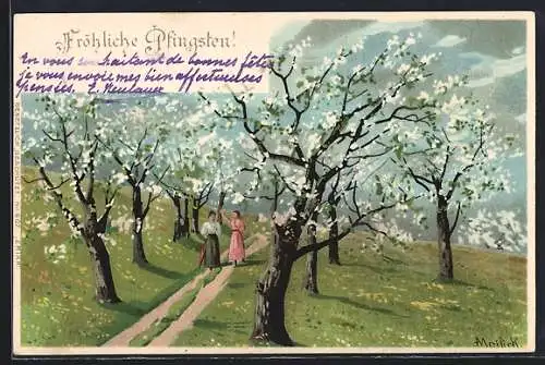 Künstler-AK Alfred Mailick: Zwei Frauen auf einer Blumenwiese bei Baumblüte, Pfingstgruss