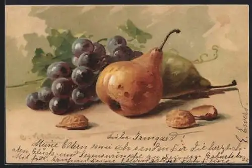 Künstler-AK Catharina Klein: Stillleben mit Trauben, Birnen und Nüssen