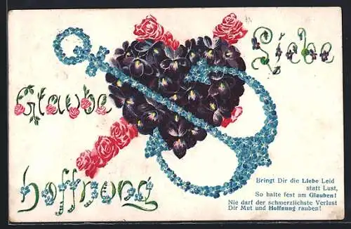AK Blumenbild, ein Kreuz, ein Herz und ein Anker aus Blumen