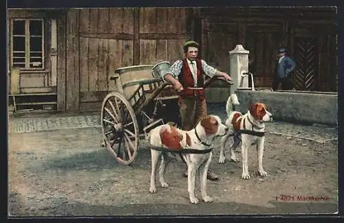 Künstler-AK Mann mit Milchkarren, der von Hunden gezogen wird