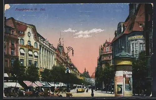 AK Frankfurt /Main, Zeil-Strasse mit Litfasssäule und Strassenbahn