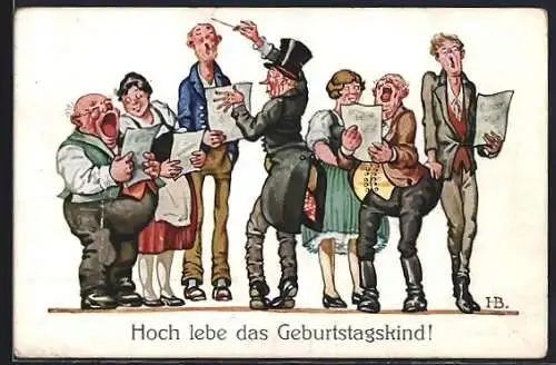 Künstler-AK Hans Boettcher: Schön singet mir net..., Dirigent und Sängergruppe