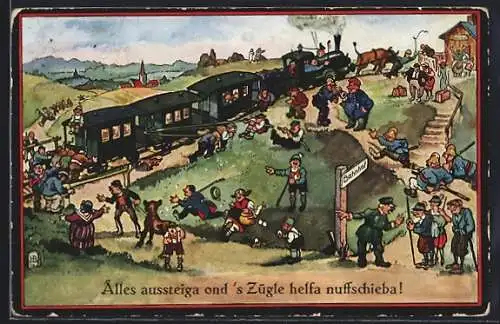 Künstler-AK Hans Boettcher: Schwäbische Eisenbahn, Alles aussteiga ond`s Zügle helfa nuffgschoba!