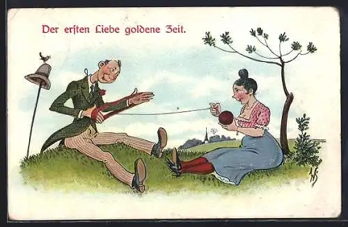Künstler-AK Willi Scheuermann: Der ersten Liebe goldene Zeit, Mann hält den Strickfaden seiner Frau