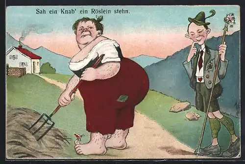 Künstler-AK Willi Scheuermann: Sah ein Knab` ein Röslein stehn, Verlegener Mann schaut zu Frau mit Heugabel