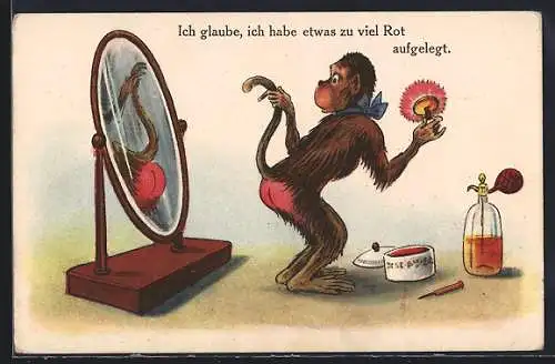 Künstler-AK Affe mit Rouge Puder schaut sich den Hintern im Spiegel an