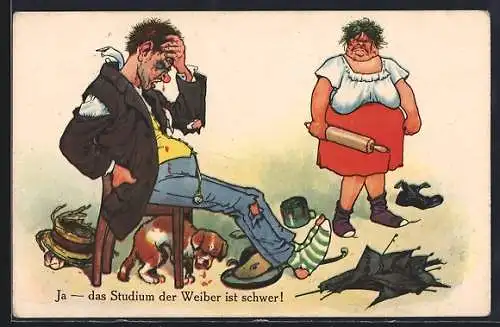 AK Ja - das Studium der Weiber ist Schwer, Garstige Alte mit Nudelholz und Gatte mit blauem Auge