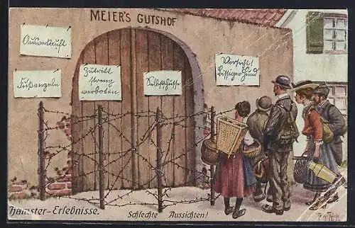 Künstler-AK A. Thiele: Hamster-Erlebnisse, Leute vor dem geschlossenen Meier's Gutshof