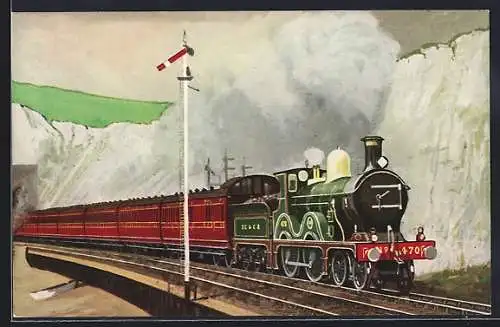AK Dover, Train 9. S. E. C. R., 4-4-0 No. 470 passing Shakespeare Cliff, englische Eisenbahn