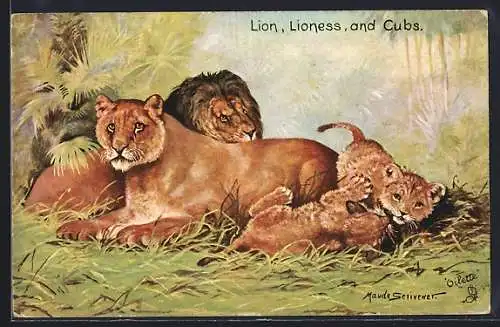 Künstler-AK Löwe, Löwin und Junge, Lion, Lioness and Cubs