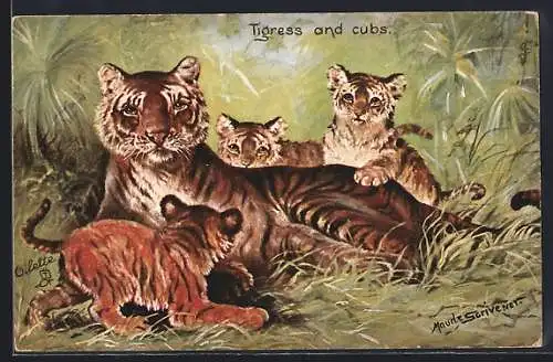 Künstler-AK Tigress an cubs, Tigerin mit ihren Jungtieren