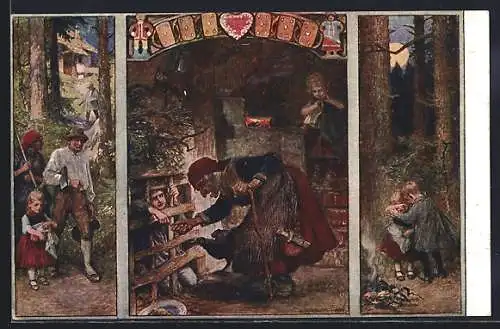 AK Hänsel und Gretel, Kinder werden von den Eltern verlassen, Hänsel im Käfig, Gretel weinend