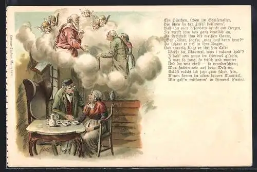 AK Altes Ehepaar am Tisch und im Himmel bei Petrus und den Engeln