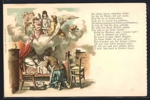 Lithographie Mutter weint um erkranktes Kind, Tod