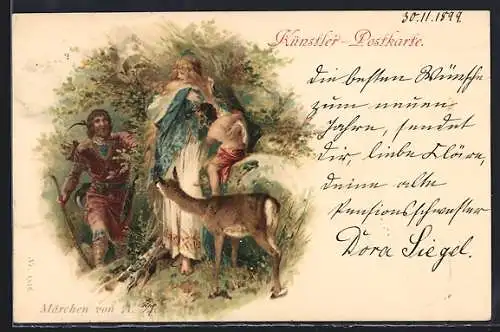 Lithographie Märchen von A. Zick, Jäger, Frau und Kind mit Reh