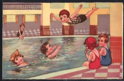 AK Im Hallenschwimmbad, Mädchen kurz vor dem Sprung ins Wasser