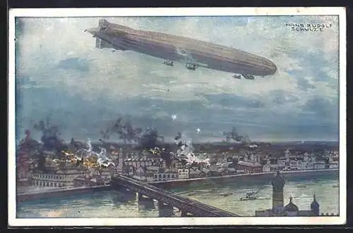 Künstler-AK Hans Rudolf Schulze: Warschau, Bombardement durch Luftschiff Schütte-Lanz