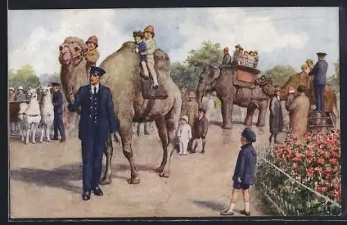 Künstler-AK Kinder reiten im Zoo auf Kamelen und Elefanten