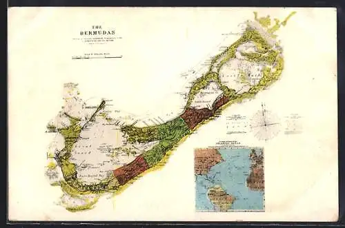 Künstler-AK Bermudas, Landkarte mit Harrington, Little Sound & Grassy Bay