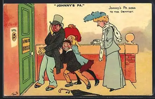 Künstler-AK Tom Browne: Johnny`s Pa goes to the Dentist, Zahnarztbesuch