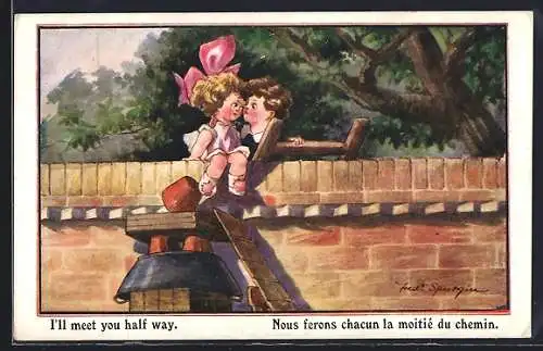 Künstler-AK Fred Spurgin: I`ll meet you half way, Liebespaar auf einer Mauer