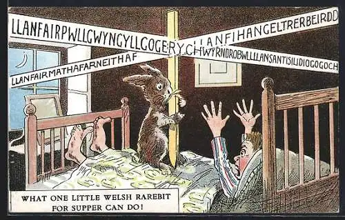 AK Walisischer Hase mit Wegweiser auf dem Bett eines erschrockenen Mannes, Welsh Rabbit