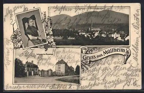 AK Müllheim i. B., Infanterie-Kaserne, Ortsansicht und Markgräflerin in Tracht