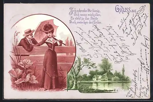 Lithographie Liebespaar steht an einem Bretterzaun