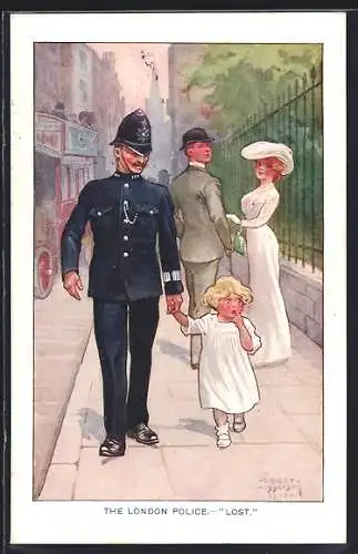 Künstler-AK London, Polizist mit einem Kind an der Hand