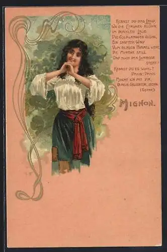 AK Mignon, Frau in Trachtenkleidung, Kennst du das Land..., Jugendstil
