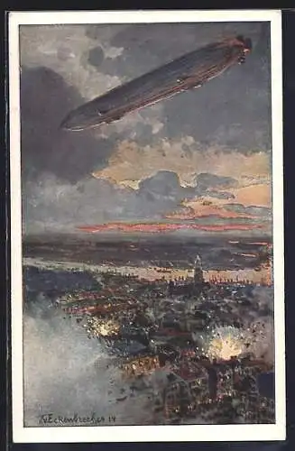 Künstler-AK Themistokles von Eckenbrecher: Antwerpen, Zeppelin im Angriff auf die Stadt
