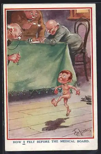 Künstler-AK T. Gilson: How I felt before the Medical Board, Musterung, Scherz