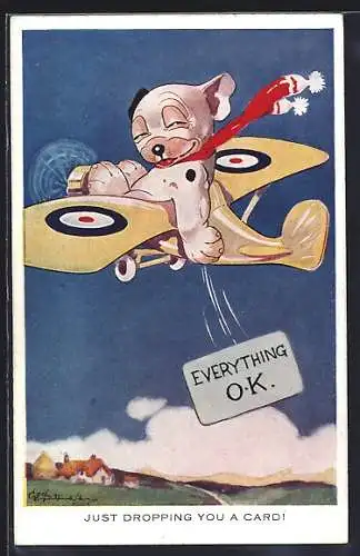 Künstler-AK George Ernest Studdy: Just dropping you a Card, Bonzo in Flugzeug