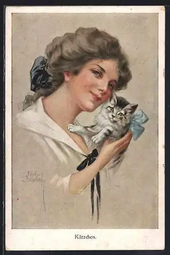 Künstler-AK Ruab Gnischaf: Kätzchen, Junge Dame mit einer kleinen Katze