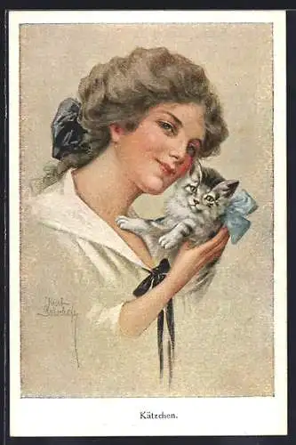 Künstler-AK Ruab Gnischaf: Kätzchen, Junge Dame mit einer kleinen Katze