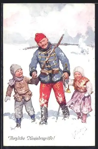 Künstler-AK Karl Feiertag: Soldat mit zwei Kindern im Schnee, Neujahrsgruss