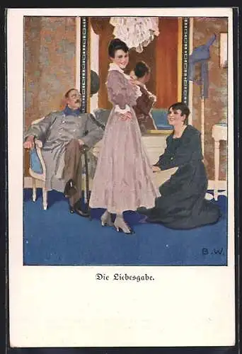 Künstler-AK Brynolf Wennerberg: Nr. 10, Liebesgabe, Frau bei der Kleidanprobe