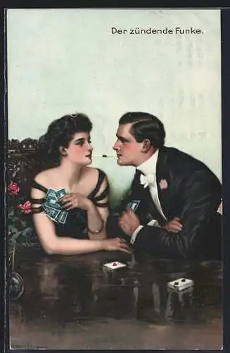 Künstler-AK Clarence F. Underwood: Der zündende Funke, Paar am Kartentisch