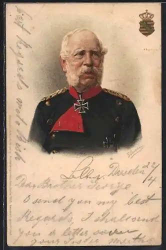 Künstler-AK Antonio Donadini: Portrait König von Sachsen in Uniform, Wappen