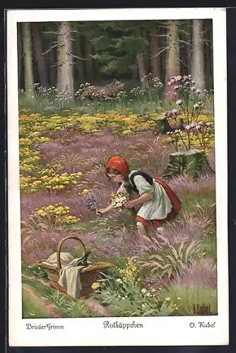 Künstler-AK Otto Kubel: Brüder Grimm, Rotkäppchen, Nr. 3, Rotkäppchen pflückt Blumen für Grossmutter