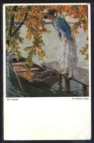 Künstler-AK Edward Cucuel: Am kleinen Steg, Dame steigt in ein Ruderboot