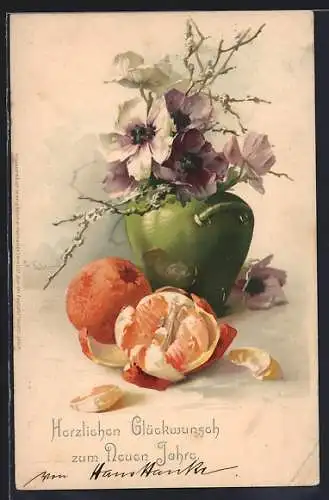 Künstler-AK Catharina Klein: Von der Festtafel, Mohnblumen in der Vase, Mandarine