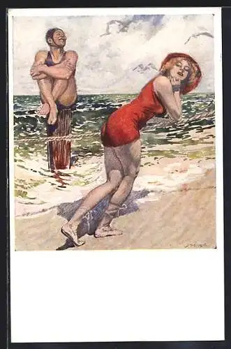 Künstler-AK Mann und Frau in Badeanzügen am Strand, Bademode