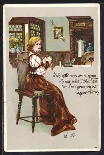 AK Faust, Margarete mit langen Flechtzöpfen in der Küche sitzend