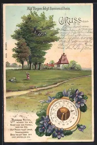 Lithographie Ortspartie mit Wiese, Barometer, Meteorologie