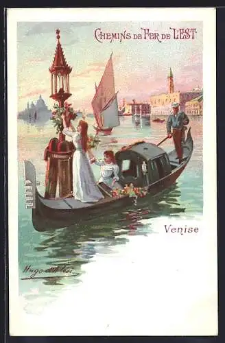 Lithographie Venise, Chemins de Fer de l`Est, Tourismus, Damen fahren auf einer venezainischen Gondel