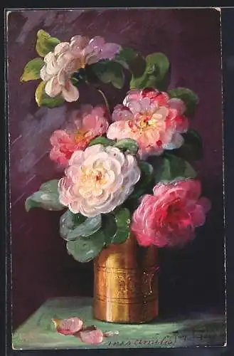 Künstler-AK Mary Golay: Metallvase mit blühenden Rosen