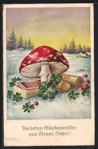 Künstler-AK Neujahrsgruss, Fliegenpilz, Geld und Kleeblatt
