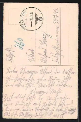 Künstler-AK Neujahrsgruss, Fliegenpilz, Geld und Kleeblatt