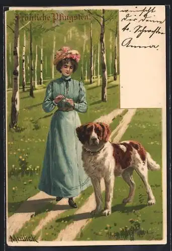 Künstler-AK Alfred Mailick: Fröhliche Pfingsten, Frau in einem blauen Kleid mit Hund in einem Birkenwald